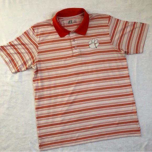 Russell Athletic Clemson Tigers Polo Men’s Size Large Orange & White Striped - Picture 1 of 9